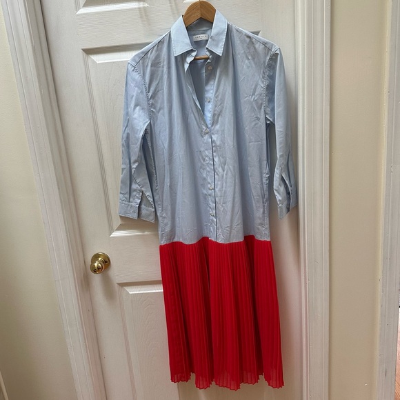 Sandro Midi Shirt Dress Two Toned Blue Stripes Top Pleated blue Red skirt sz 36 - Picture 1 of 8